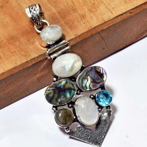 Abalone Shell Rainbow Moonstone Ethnic Handmade Pendant Jewelry 2.95" - Picture 1 of 1